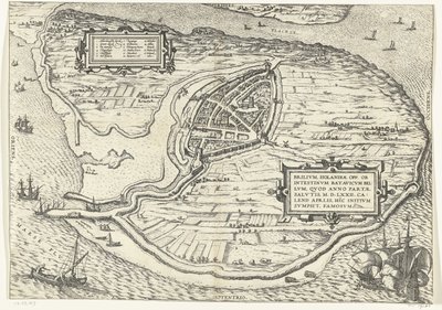 Kaart van het eiland Voorne en plattegrond van Brielle, 1572 Brillium, Hollanti opp. Alankomaiden välisen sodan vuoksi, joka pelastuksen voiton vuonna 72 jKr. huhtikuun helteessä hän aloitti täällä, kuuluisa (otsikko esineessä) tekijältä Frans Hogenberg