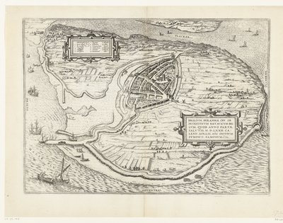 Kaart van het eiland Voorne en plattegrond van Brielle, 1572 Brillium, Hollanti opp. Alankomaiden välisen sodan vuoksi, joka pelastuksen voiton vuonna 72 jKr. huhtikuun helteessä hän aloitti täällä, kuuluisa (otsikko esineessä) tekijältä Frans Hogenberg