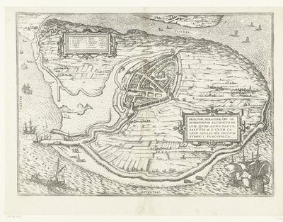 Kaart van het eiland Voorne en plattegrond van Brielle, 1572 Brillium, Hollanti opp. Alankomaiden välisen sodan vuoksi, joka pelastuksen voiton vuonna 72 jKr. huhtikuun helteessä hän aloitti täällä, kuuluisa (otsikko esineessä) tekijältä Frans Hogenberg