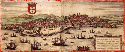 Näkymä Lissabonille ja Tejo-joelle alkaen: Maailmankartta, 1572 tekijältä Frans Hogenberg