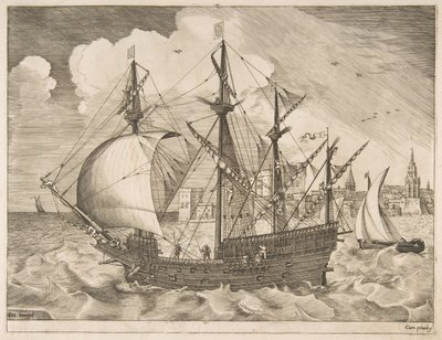Aseistettu neljän päällikön laskeutuminen merelle purjealuksilta, n. 1555-56. tekijältä Frans Huys