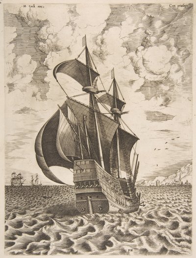 Aseistettu neljän päällikön purjehdus kohti satamaa purjealuksilta, 1561-65. tekijältä Frans Huys