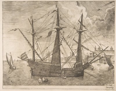 Aseistettu kolmipäällikkö ankkuroituna lähellä kaupunkia purjealuksilta, n. 1555-56. tekijältä Frans Huys