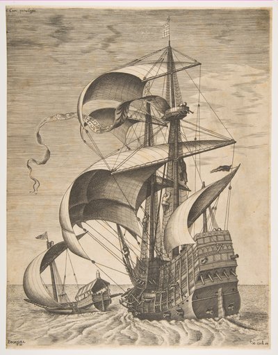 Aseistettu kolmipäällikkö avomerellä keittiön mukana, sarjasta Sailing Ves..., 1561-65. tekijältä Frans Huys