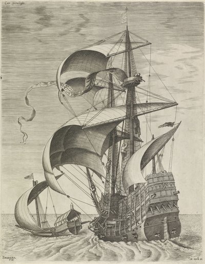 Un vaixell de guerra escortat per una galera Acaben els vaixells de vela (títol de la sèrie). tekijältä Frans Huys