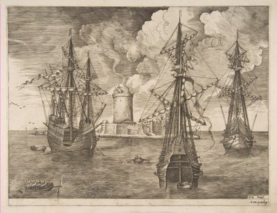 Neljän päällikön vasen ja kaksi kolmen päällikön ankkuroitua lähellä linnoitettua saarta valolla..., 1561-65. tekijältä Frans Huys