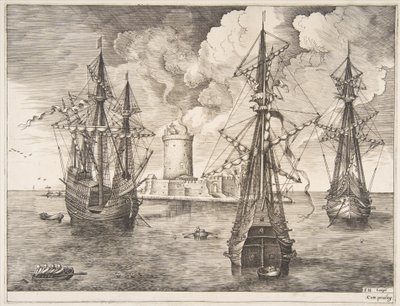 Neljä päällikköä ja kaksi kolmen päällikköä ankkuroituina lähellä linnoitettua saarta, The Sailing Ves..., 1561-65. tekijältä Frans Huys