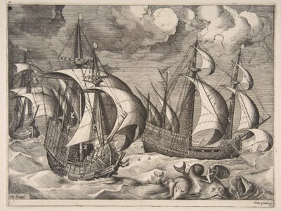 Kolme karavellia nousevassa myrskyssä Arionin kanssa delfiinillä, The Sailing Vessels, 1561-65. tekijältä Frans Huys