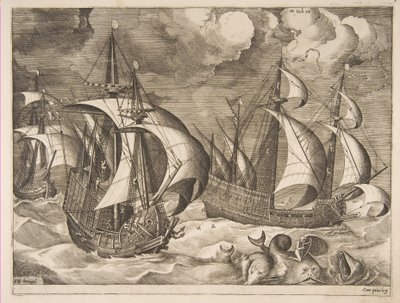 Kolme karavellia nousevassa myrskyssä Arionin kanssa delfiinillä, The Sailing Vessels, 1561-65. tekijältä Frans Huys