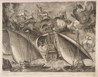 Kaksi keittiötä purjehtimassa aseistetun kolmipäällikön takana Phaetonin ja Jupiterin kanssa taivaalla, f..., 1561-65. tekijältä Frans Huys