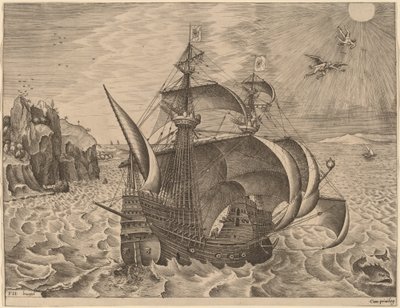 Aseistettu Kolmimestari Daedaluksen ja Ikaruksen kanssa taivaalla tekijältä Frans Huys after Pieter Bruegel the Elder