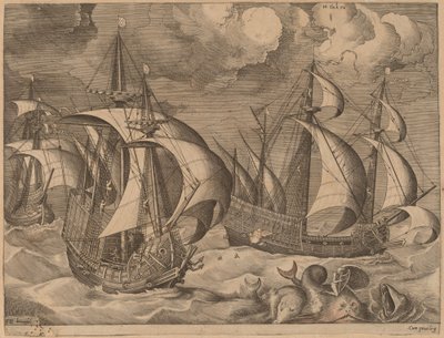 Kolme karavellia nousevassa myrskyssä Adrionin kanssa delfiinillä tekijältä Frans Huys after Pieter Bruegel the Elder