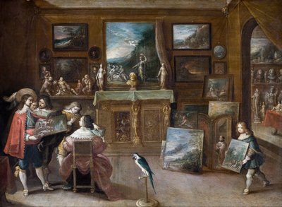 Vierailu taidekauppiaalla, n. 1625 (öljy kuparille) tekijältä Frans II the Younger Francken