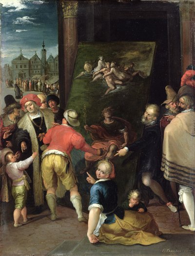 Apelles and the Shoemaker, 1610-15 (öljy kuparille) tekijältä Frans II the Younger Francken