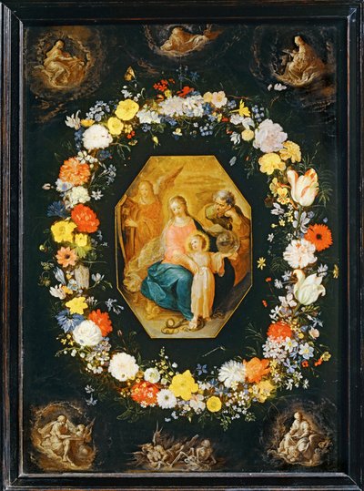 Pyhä perhe kukkaseppeleen ympäröimänä ... tekijältä Frans II the Younger Francken