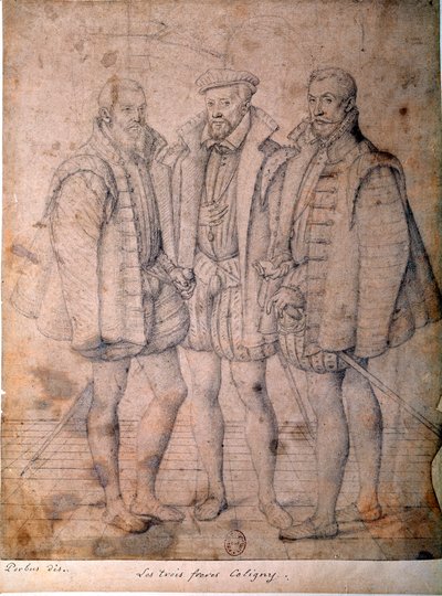 Kolmen Colignyn muotokuva: kardinaali Odet (1515-1571), Gaspard (1517-1572), Ranskan amiraali ja Francois (1521-1569), Andelotin herra. Piirustus, joka johtuu Fransista (Francois (Franz) Pourbus l