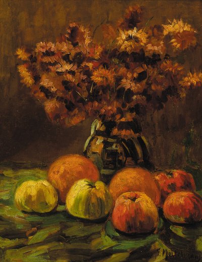 Omenat, appelsiinit ja kukkamaljakko pöydällä (öljy paneelille) tekijältä Frans Mortelmans