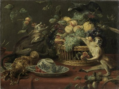 Apinoita ja papukaija hedelmäkorin lähellä tekijältä Frans Snyders