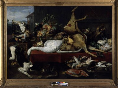Riistan, kalan, hedelmien ja vihannesten asetelma (öljy kankaalle) tekijältä Frans Snyders
