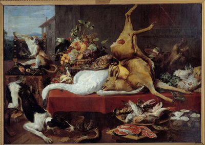 Asetelma peuran kanssa Riista (fasaani, hanhi, hirvi), kalaviipale, rapu, palkokasvit. Frans Snydersin maalaus (1579-1657) tekijältä Frans Snyders