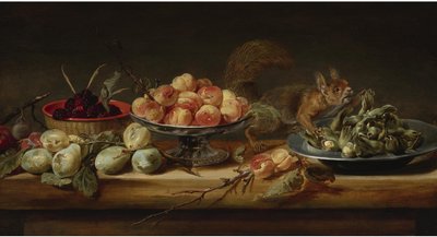 Asetelma, jossa on persikoita Tazza-astiassa, hasselpähkinöitä tinalevyllä, vadelmia korissa, päärynöitä ja orava pöydällä.
öljy paneelille tekijältä Frans Snyders