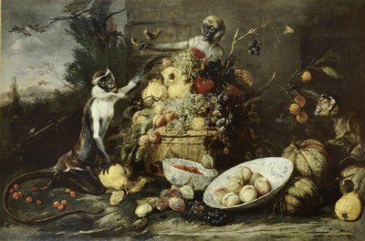 Kolme apinaa varastamassa hedelmiä, näkymä maisemaan tekijältä Frans Snyders