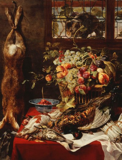 Suurempi asetelma hedelmillä, riistalla ja kissalla ikkunan vieressä, tekijältä Frans Snyders or Snijders