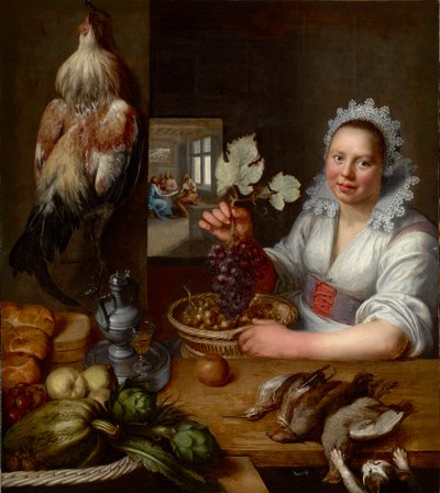 Scene de cuisine avec scene du Christ a Emmaus - Keittiökohtaus Kristuksen kanssa Emmauksessa, Snyders (Snijders), Frans (1579-1657). Öljy kankaalle, Vuosina 1615-1620. Mitat : 114,5x102 cm. Muzeul National Brukenthal, Sibiu tekijältä Frans Snyders or Snijders