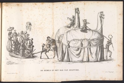 Kaksi kamelia ja Onnenpyörä, 1825 Kemelit ja Avantuerin pyörä (otsikko esineessä) tekijältä Frans Vervloet