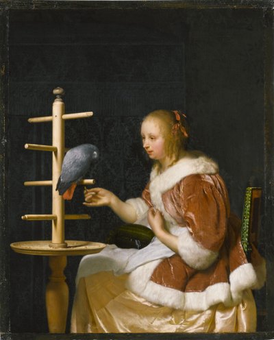 Nuori nainen ruokkimassa papukaijaa, 1663. tekijältä Frans van Mieris the Elder
