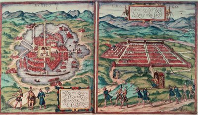 Suunnitelmat Mexico Citystä Meksikosta ja Cusco Citystä Perusta Carl Nebelin teoksesta Voyage Pittoresque (värikaiverrus) (katso 141102) tekijältä Franz (after) Hogenberg
