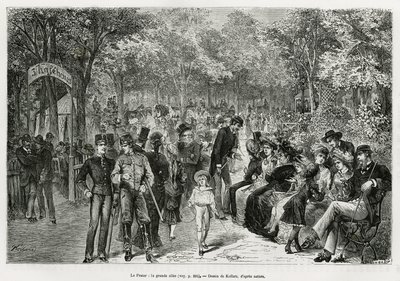 Prater: suuri kävelytie. Kollarzin kaiverrus havainnollistamaan tarinaa Wien ja sen esikaupunki, M. Newlinski, vuonna 1881, julkaistu Tour du mondessa, Edouard Chartonin (1807-1890) johdolla tekijältä Franz (after) Kollarz