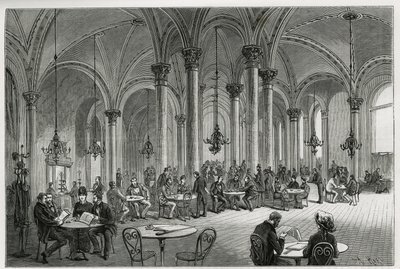 Wienin (Itävalta) keskuskahvila. Kollarzin kaiverrus havainnollistamaan tarinaa Wien ja sen esikaupunki, M. Newlinski, vuonna 1881, julkaistu Tour du mondessa, Edouard Chartonin (1807-1890) johdolla tekijältä Franz (after) Kollarz