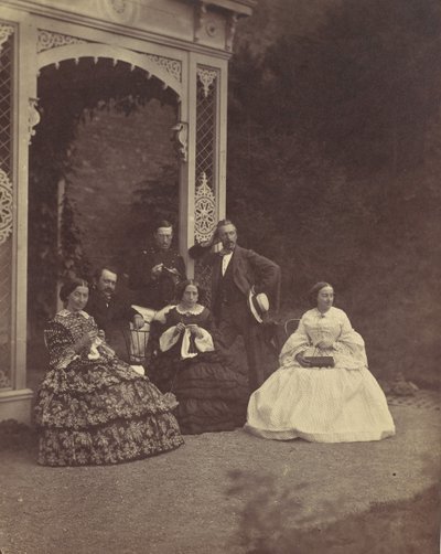 [Muotokuva kolmesta naisesta ja miehestä puutarhassa], 1850-60-luku. tekijältä Franz Antoine