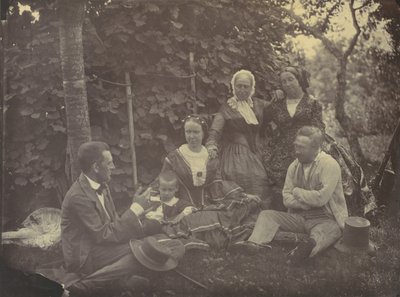 [Kolme naista, kaksi miestä ja lapsi piknikillä], 1850-60-luvut. tekijältä Franz Antoine