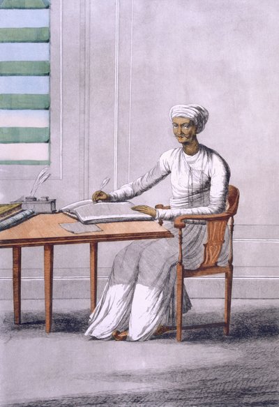 Causto (clerkscribe), kirjasta "The Hindut or the Description of their Mores, Customs and Ceremonies", pub. 1808-12 (värillinen etsaus) tekijältä Franz Balthazar Solvyns