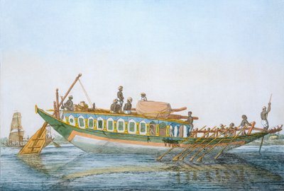Badjera, kaapissa oleva jokivene, jossa on suuri melaperäsin, teoksesta "Hinudet, tai niiden tapojen, pukujen ja seremonioiden kuvaus", n. 1808-1812 (värillinen etsaus) tekijältä Franz Balthazar Solvyns