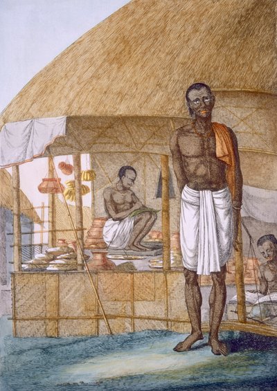 Kauppias, joka myy ruukkuja, banaaneja ja jyviä, teoksesta "Hindut tai heidän tapojensa, pukujensa ja seremonioidensa kuvaus", n. 1808-1812 (värillinen etsaus) tekijältä Franz Balthazar Solvyns