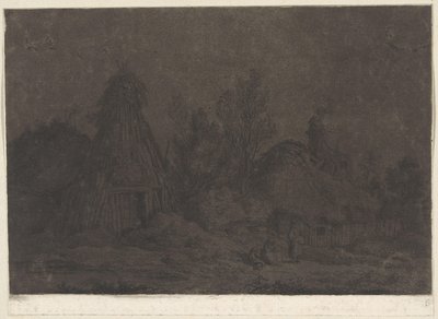 Kuutamokohtaus hahmoilla kotan edessä XII Vues de la Normandie (sarjan nimi) tekijältä Franz Edmund Weirotter