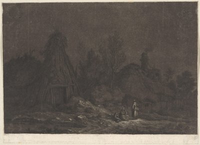 Kuutamokohtaus hahmoilla kotan edessä XII Vues de la Normandie (sarjan nimi) tekijältä Franz Edmund Weirotter