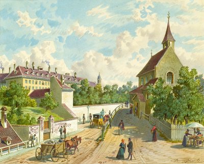 Währinger Strasse Wienissä, jossa on huoltotalo "Zum Blauen Herrgott" ja "Krawoten-Kapelle" tekijältä Franz Gerasch