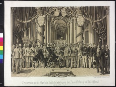 Muistutus Rudolf-säätiön hautakiven juhlallisella laskemisella Rudolfspitalissa 1864 (litografia). tekijältä Franz Gerasch