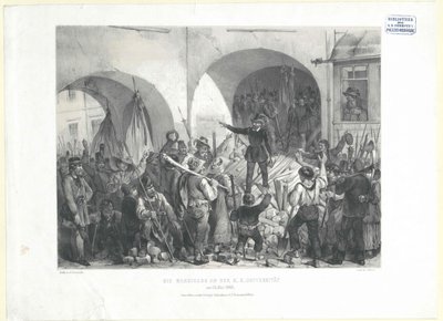 K. K. yliopiston barrikadi osoitteessa 26. Toukokuu 1848 (litografia) tekijältä Franz Gerasch