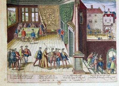 Lamoral, Egmontin kreivi (1522-1568) ja Philippe de Montmorency (1524-1568), Hornesin kreivi (Hoorn) pidätettiin heidän vastustaan ​​Espanjan kuningas Philip II:ta (1527-1598) vastaan. Ne toteutetaan vuonna 1568 (ylhäällä oikealla) 1653 Print by F tekijältä Franz Hogenberg
