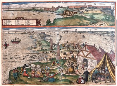 Cadiz, Espanja. (Ylä: Pyhän Sebastianin kappeli, alempi: Cadizin tonnikalanpyyntiteollisuus. Keskellä vartiotornit (kaiverrus) tekijältä Franz Hogenberg