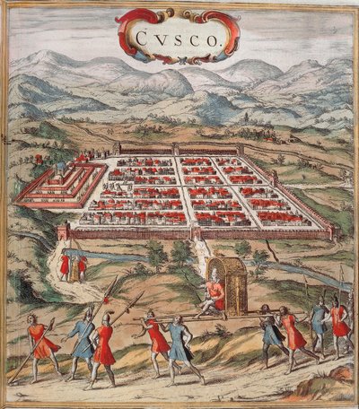 Cuzco, inka-sivilisaation pääkeskus (nykyinen Peru) kuva Braunin ja Hogenbergin "Civitatis Orbis Terranumista" tekijältä Franz Hogenberg