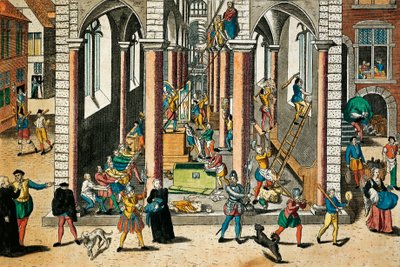 Jäännösjäännösten ja patsaiden tuhoaminen kirkoissa, huhtikuu 1566, kaiverrus Franz Hogenberg (1535 - 1590), Uskontojen sodat, Ranska tekijältä Franz Hogenberg