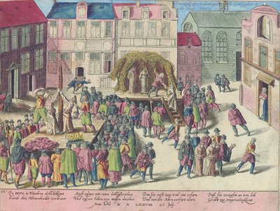 Teloitus Bruggessa polttamalla kolme veljeä sodomian vuoksi, 28. kesäkuuta 1578 tekijältä Franz Hogenberg