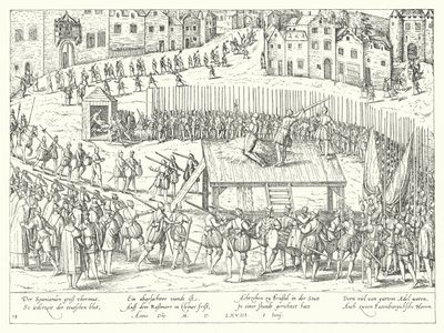 Kreivi Egmontin ja Hornin teloitus Brysselissä 1568 tekijältä Franz Hogenberg
