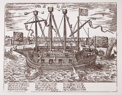 "Fin de la Guerre", sotalaiva, joka rakennettiin Yhdistyneitä provinsseja varten, 1585 tekijältä Franz Hogenberg